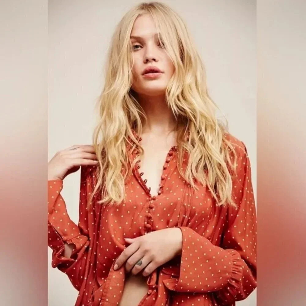 Free People New World Dotted Blouse in Autumn orange combo size X-Small